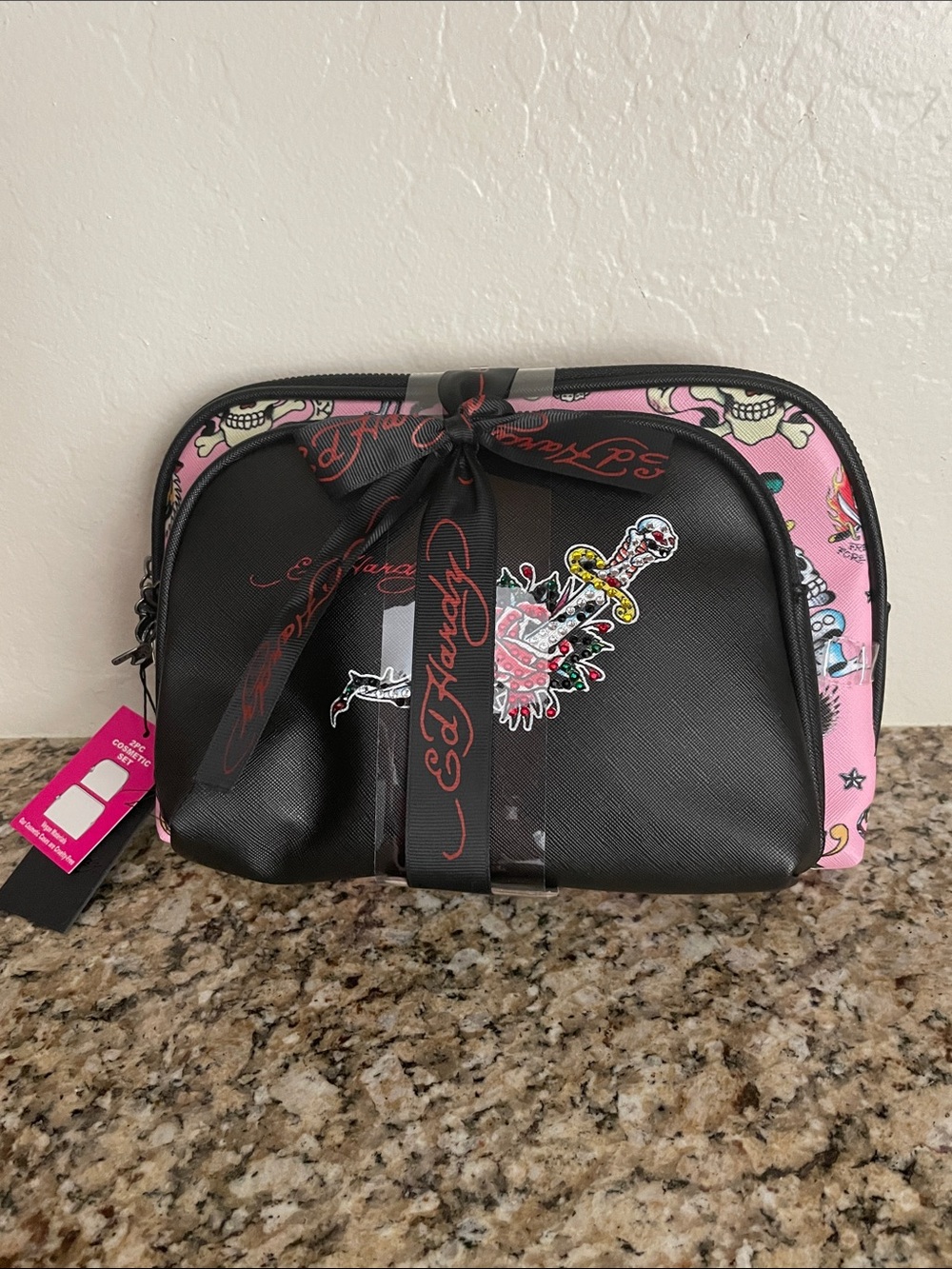 Ed Hardy Black and Pink Tattoo-Inspired Cosmetic Pouch 2 Piece Set